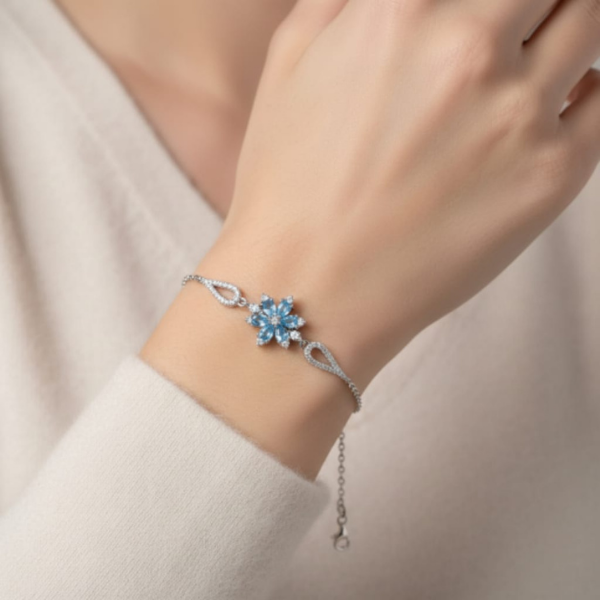 Mavi Safir Taşlı Lotus Çiçeği Tasarımlı Rodaj Kaplama Gümüş Bileklik